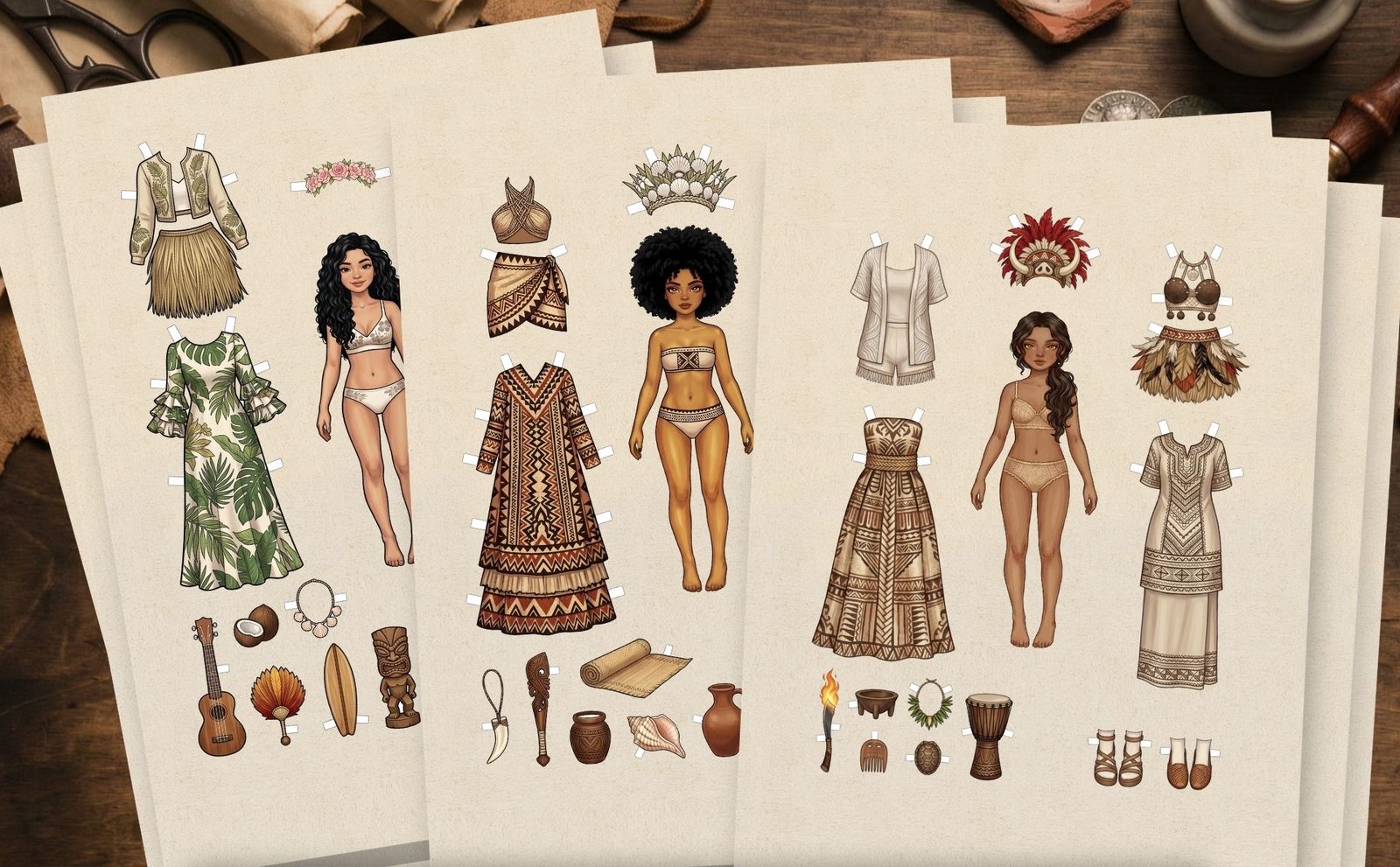 Three Polynesian paper doll sheets from TinyWhimStudio, each with a doll, traditional outfits and accessories to cut out